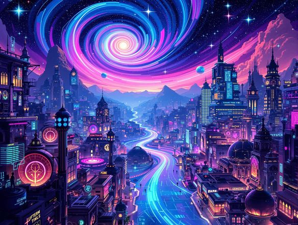 A vibrant illustration blending surreal landscapes with futuristic cityscapes, showcasing elements of augmented reality overlays and holographic interfaces.