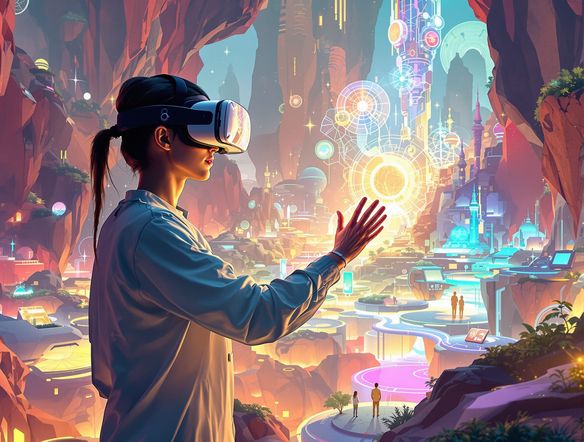 An artist wearing a VR headset, gesturing to create a glowing, ethereal landscape that materializes around them. The illustration should highlight the AR/VR illustration tool in action, generating mixed reality visuals.