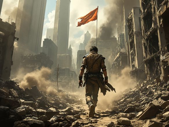 A lone survivor walks through a desolate, overgrown city skyline, dust clouds rising, with a tattered flag on a broken skyscraper, cinematic lighting.