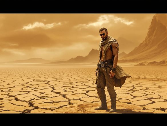 A lone survivor in tattered clothing, standing defiantly against a brutal desert backdrop. Mad max art creator style, gritty, sun-baked, cinematic lighting.