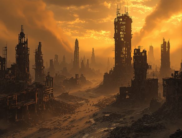 A sprawling, desolate ruined city at sunset, dust storms in the distance, skeletal remains of skyscrapers. Fallout style art, atmospheric, detailed, high contrast.