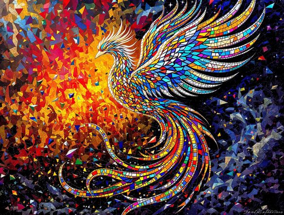 A vibrant, intricate mosaic artwork created from colorful glass shards and tiles, forming a majestic phoenix rising from a fiery background, high detail.