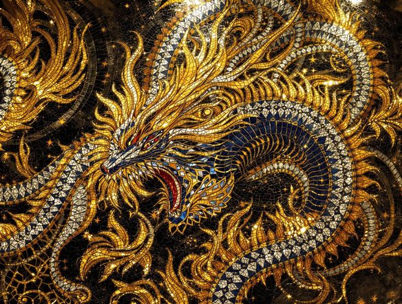 A detailed mosaic of a mythical creature, blending Romanesque patterns with Byzantine gold accents and a modern, abstract background. Rich textures, dramatic lighting, stained glass mosaic aesthetic.