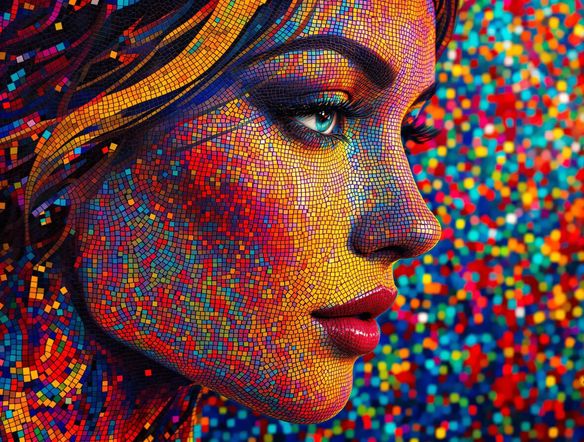 A vibrant mosaic portrait of a woman, created from countless tiny, colorful tiles, showcasing intricate detail and a painterly effect. Photorealistic, high-resolution.