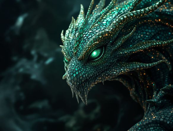 A hyperrealistic 3D render of a fantastical creature, detailed scales and glowing eyes, set against a dark, atmospheric background, cinematic lighting, 8k resolution.