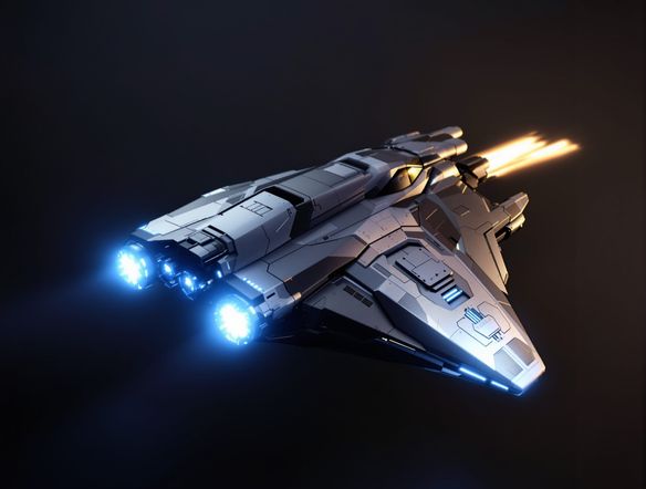 A sleek, futuristic 3D model of a spaceship being rendered with glowing blue light effects, showcasing intricate details and a polished metallic surface.