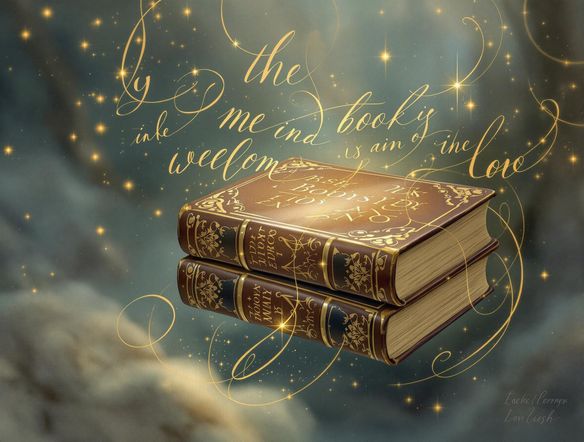 A stack of vintage books glowing with a magical light, floating in a surreal landscape, with words weaving around them.