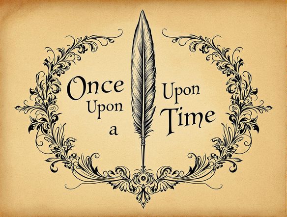A vintage-style stamp featuring an intricate illustration of a quill and ink, encircled by the text "Once Upon a Time". Stamp text generator, stamp image generator, old paper background.