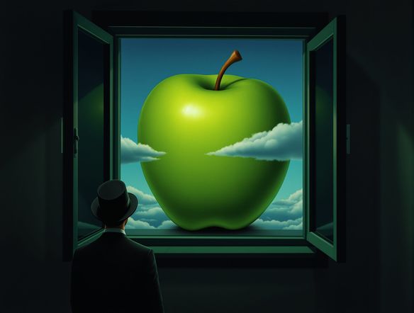 A surreal scene in the style of René Magritte, a man in a bowler hat stands before a giant green apple obscuring the sun, clouds drift through an open window indoors, mysterious and thought-provoking.
