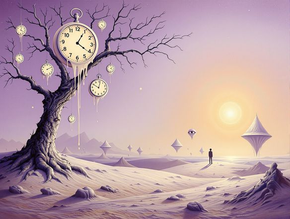 A dreamscape where melting clocks drip from a barren tree, floating islands drift in a lavender sky, and a single, luminous eye watches from the horizon.