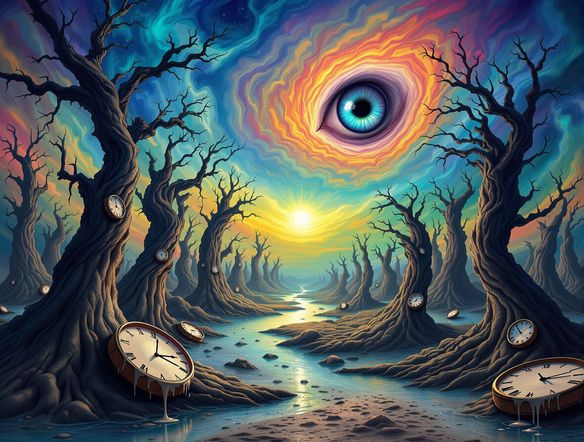 A surreal dreamscape with melting clocks draped over distorted trees, a single eye floats in a vibrant, swirling sky, inspired by Salvador Dalí, dreamlike atmosphere.