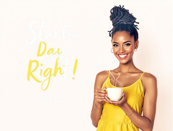A vibrant and dynamic Facebook ad featuring a smiling woman holding a coffee cup, overlaid with text: "Start Your Day Right!" and a clear call to action: "Shop Now".