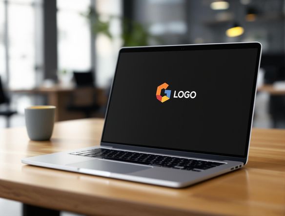 A clean, minimalist Facebook ad showcasing a logo mockup on a sleek laptop screen, placed on a modern wooden desk with a blurred office background, highlighting professionalism and innovation.