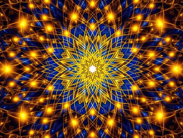 Intricate Islamic geometric pattern art, vibrant blue and gold tessellations radiating from a central star, digital art.
