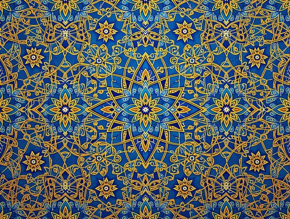 A mesmerizing Islamic geometric pattern, intricate and symmetrical, rendered in vibrant blues and golds. Use our AI to generate Islamic patterns with this stunning geometric design tool.