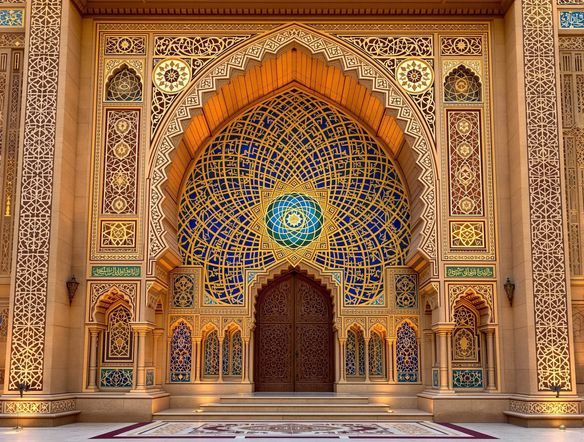 An ornate facade inspired by Islamic architecture, featuring complex, repeating geometric patterns in sandstone and mosaic tiles. Showcase Islamic architecture patterns and sacred geometry art.