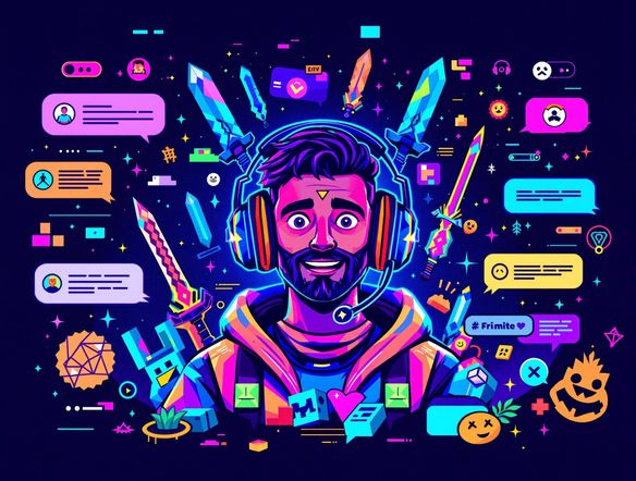 A vibrant and dynamic Twitch banner featuring a streamer avatar surrounded by popular game elements and chat bubbles, designed in a bold, modern style.