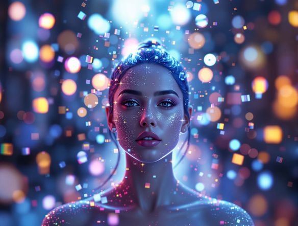 A dynamic 3D render showcasing the effect of light field photography, with multiple focal planes visible and shifting perspectives, set against a bokeh background.