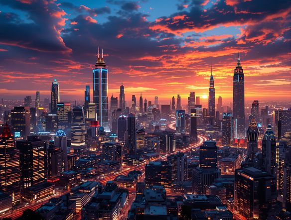 A vibrant cityscape at twilight, showcasing a clear depth map effect where the viewer can dynamically shift focus from foreground to background, creating post-capture focus art.