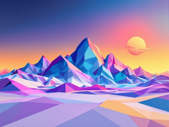 A vibrant, abstract low poly landscape with geometric mountains and a stylized sun, rendered in a clean, modern style.