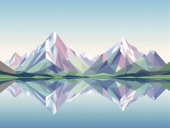 A seamless custom low poly pattern featuring stylized mountains and a serene lake, rendered in a soft color palette, perfect for digital art backgrounds.