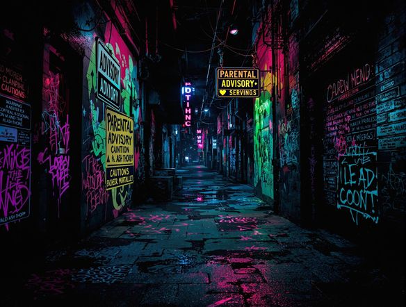 Parental advisory label with a graffiti background and an edgy, cyberpunk aesthetic, showcasing bold typography and neon colors.