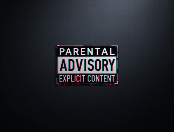 A digitally rendered Parental Advisory label with a glitch art effect. The background is a dark, textured concrete wall. The text 'Explicit Content' is stylized with a modern, distorted font. High resolution, dramatic lighting.