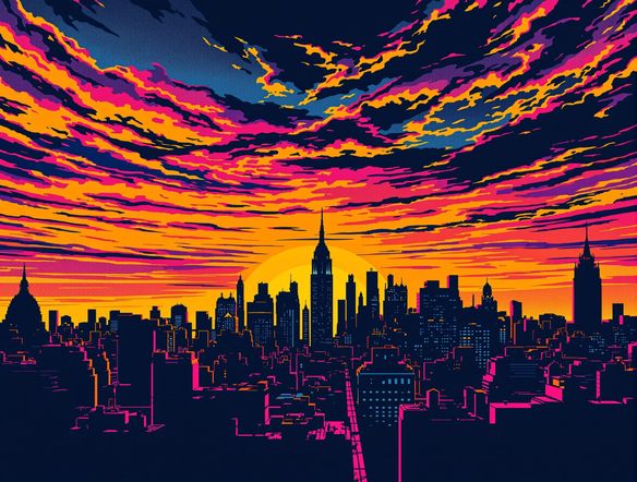 Vibrant silkscreen print poster of a cityscape at sunset, bold lines, limited color palette, textured ink effect.