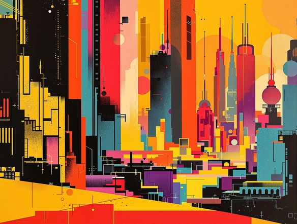 A retro-futuristic cityscape rendered in a bold silkscreen style, showcasing layered colors and distinct ink textures, a perfect example of printmaking art generator and serigraph poster AI.
