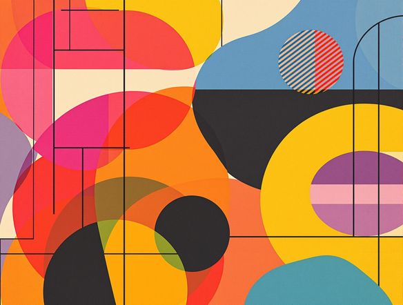 A vibrant, minimalist silkscreen print poster design featuring abstract geometric shapes and bold outlines, available to create silkscreen print online, custom silkscreen poster design.