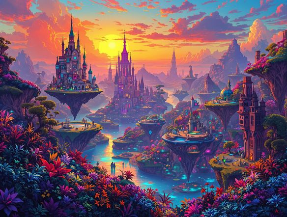 A vibrant, surreal cityscape at sunset, with floating islands and bioluminescent flora. Highly detailed, digital painting, trending on ArtStation.