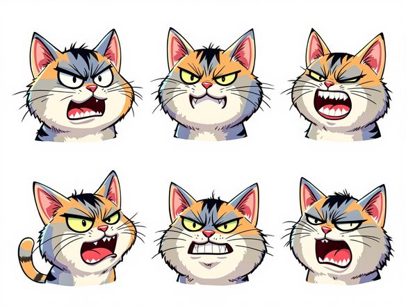Generate a set of 5 Twitch emotes featuring a cartoon cat reacting to various situations: surprise, anger, love, laughter, and a 'rage quit' face. Use vibrant colors and clear, expressive features.