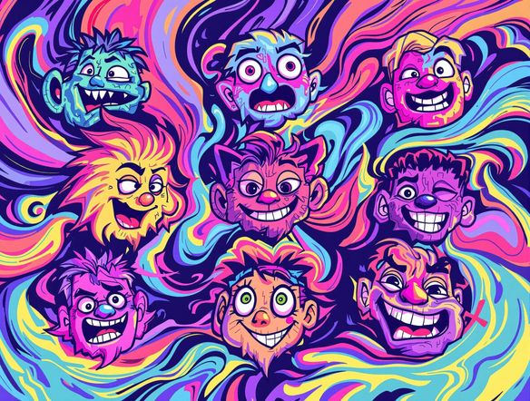 A collection of vibrant and expressive custom emotes, each conveying a unique emotion, set against a dynamic, colorful background.