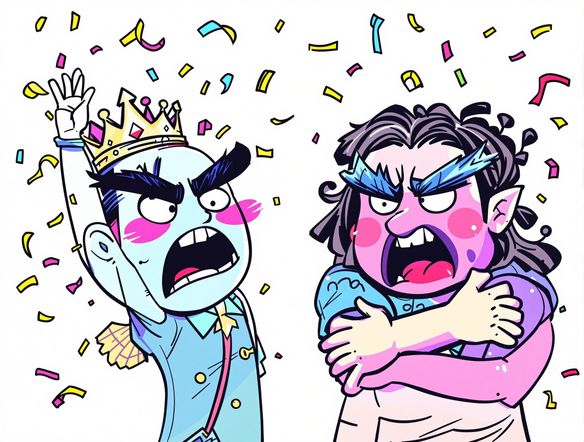 Design a series of 3 Discord emotes: one celebrating a 'victory royale' with confetti, one expressing mock outrage with exaggerated eyebrows, and one offering a supportive hug. Use bold lines and bright, cheerful colors.