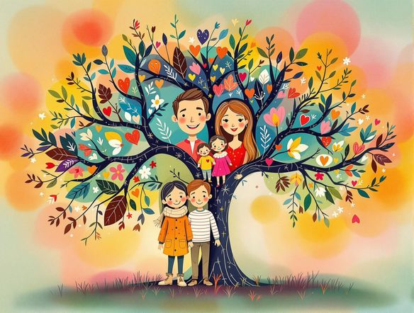 A vibrant family tree illustration, radiating outwards from a central portrait with a soft, blended radial gradient generator background, symbolizing lineage. Warm color palette.