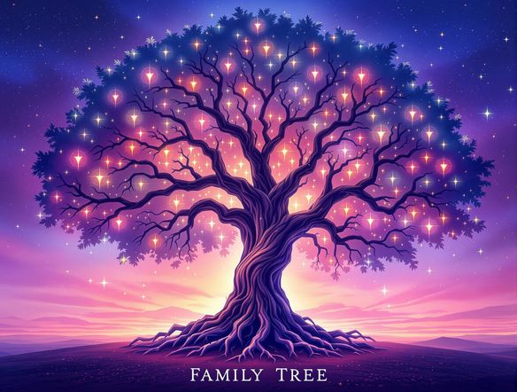 A digital illustration of a lush, vibrant family tree with deep roots, glowing leaves, and a colorful gradient background, symbolizing generations of love and connection.