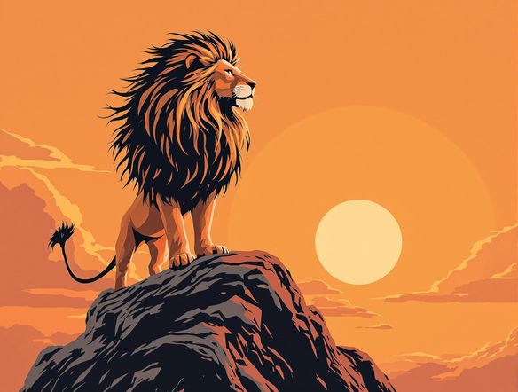 Create a detailed outline of a majestic lion, standing proudly on a rocky outcrop against a sunset. Use thin, clean lines and a minimalist style. The lion's mane should be flowing in the wind.