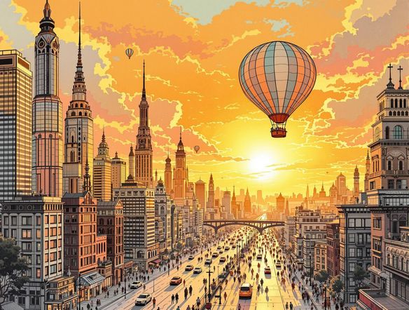 A pencil sketch of a vibrant cityscape at sunset, with a whimsical hot air balloon floating in the sky.
