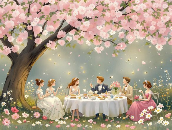 Generate a whimsical sketch of a garden tea party, with guests enjoying cakes and tea under a blooming cherry tree. The style should be light and airy, reminiscent of a watercolor painting. Add elements of fantasy.