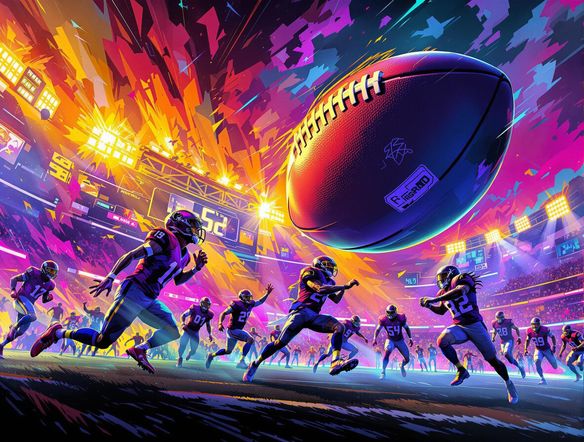 A dynamic football game scene, players in action, vibrant stadium lights, and a giant football soaring through the air, digital art.