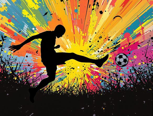 Create a vibrant and energetic football poster featuring a silhouetted player kicking the ball against a backdrop of exploding colors. Incorporate elements of graffiti art and street style. The poster should evoke excitement and passion for the game.