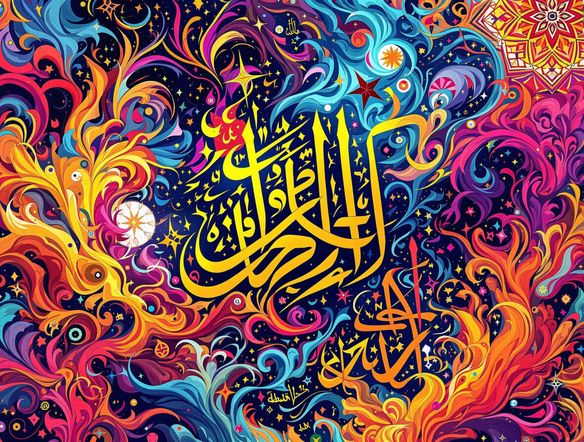 Abstract Arabic calligraphy art, vibrant colors, dynamic composition, modern art style, digital painting, high contrast, intricate patterns, inspired by Islamic geometric designs, 4k resolution.