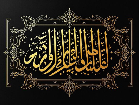 Intricate Arabic calligraphy design with golden ink on black paper, symmetrical and elegant, showcasing a verse of wisdom.
