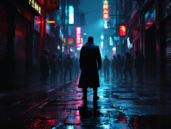 Create a storyboard panel depicting a tense standoff in a cyberpunk alleyway. Focus on dynamic camera angles and character expressions. High detail, cinematic lighting, dramatic composition.
