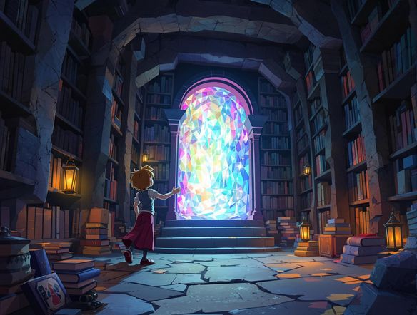 Generate a storyboard frame showing a character discovering a hidden portal in an ancient library. Use a whimsical, cartoon style. Bright colors, magical atmosphere, focus on wonder and discovery.