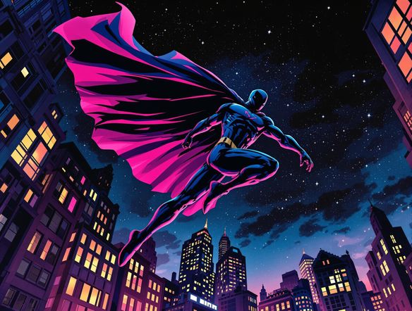 A dynamic storyboard panel depicting a superhero leaping across skyscrapers at night, comic book style, vibrant colors, dramatic lighting.