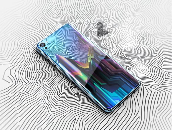 A sleek, minimalist product shot of a modern smart phone, background removed, next to a complex geometric one line drawing. Use a vibrant color palette and high resolution.