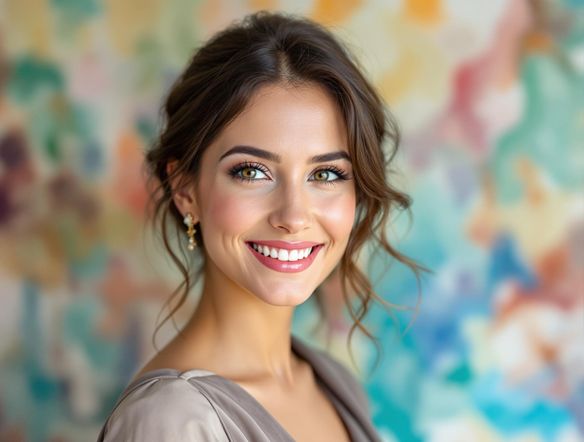 A stunning portrait photograph with a blurred background smoothly removed and replaced with a vibrant, abstract watercolor painting. Focus on the subject's eyes and use soft, natural lighting.