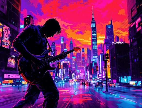 A vibrant concert poster featuring a silhouette of a guitarist against a neon cityscape, promoting a live music event.