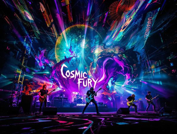 Generate a vibrant concert poster featuring a rock band performing on stage, dynamic lighting, and a grunge aesthetic. Include the band name 'Cosmic Fury' and the date 'October 27th'.